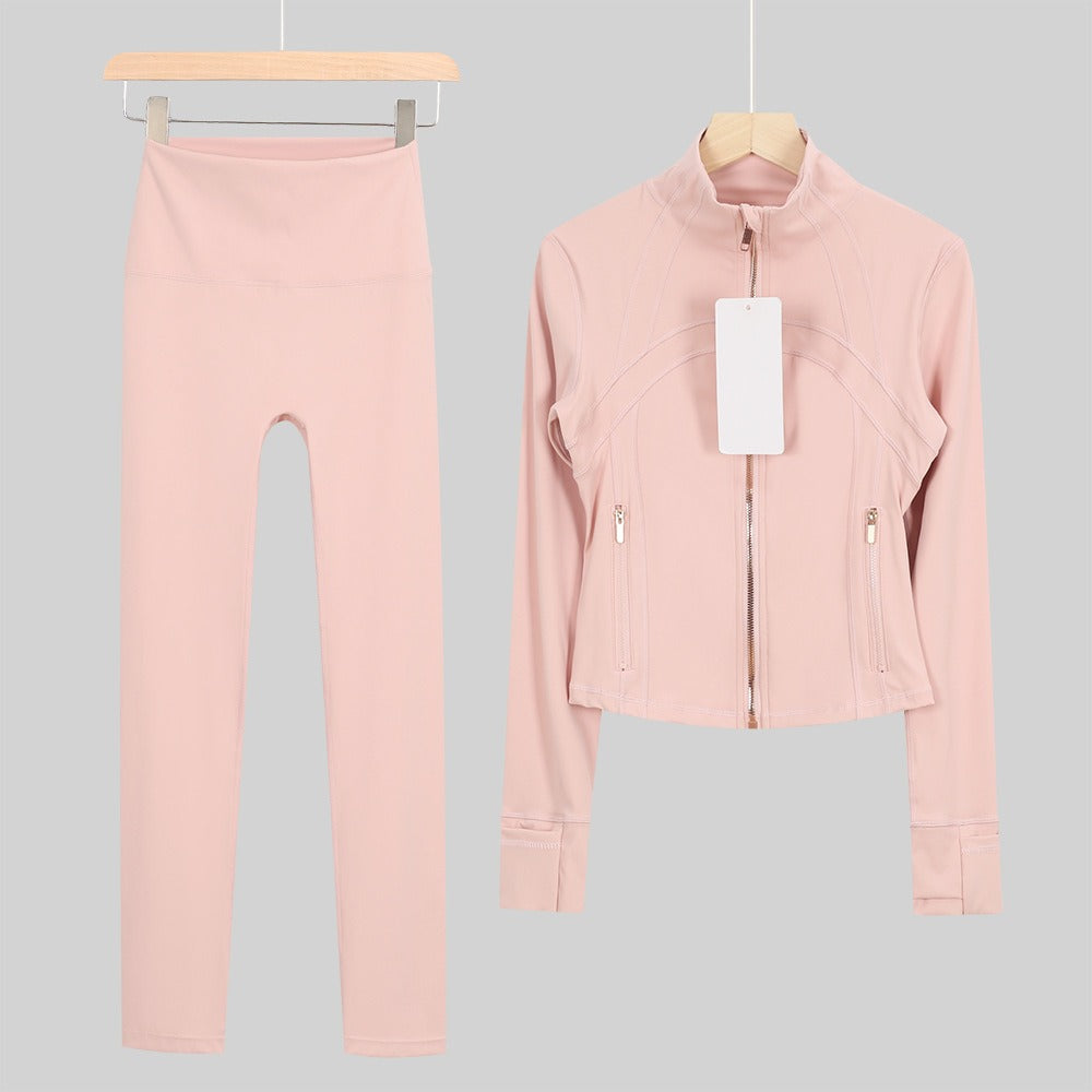 Women's Cropped Stand Collar Yoga Jacket Set | 9/4 Length Slim Fit Workout Tracksuit | Breathable Activewear for Gym & Lounge