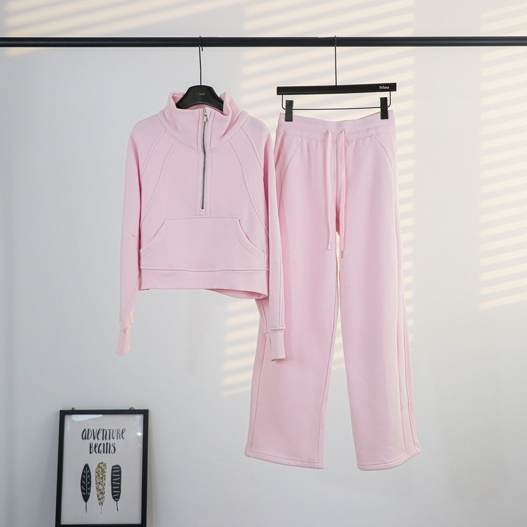 Women's Half-Zip Stand Collar Fleece Tracksuit Set – Oversized Scuba Hoodie & Wide Leg Yoga Pants for Workout & Lounge
