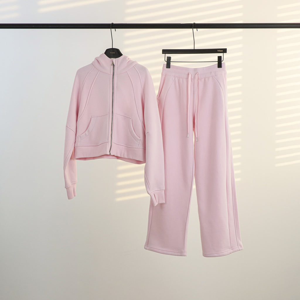 Women's Full-Zip Hooded Tracksuit Set – Oversized Stand Collar Jacket & High-Waist Wide Leg Pants for Yoga, Running & Fitness