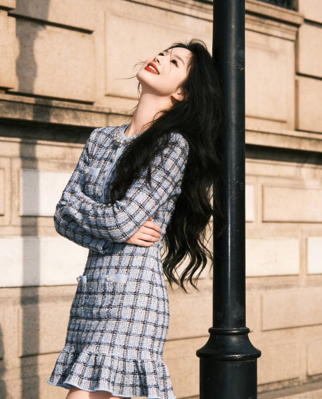 Women's Spring New Celebrity Style Plaid Rhinestone Round Neck Long Sleeve Ruffle Hem Mini Dress
