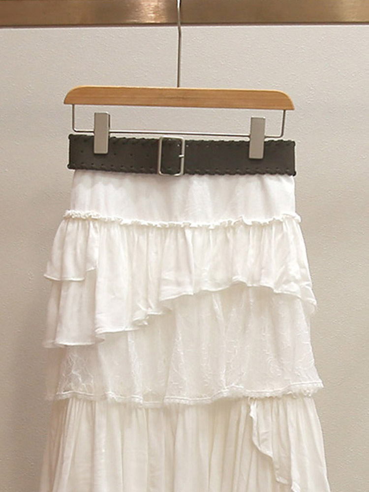 New Spring Elegant Lace Patchwork Irregular Slimming Long Cake Midi Skirt for Women