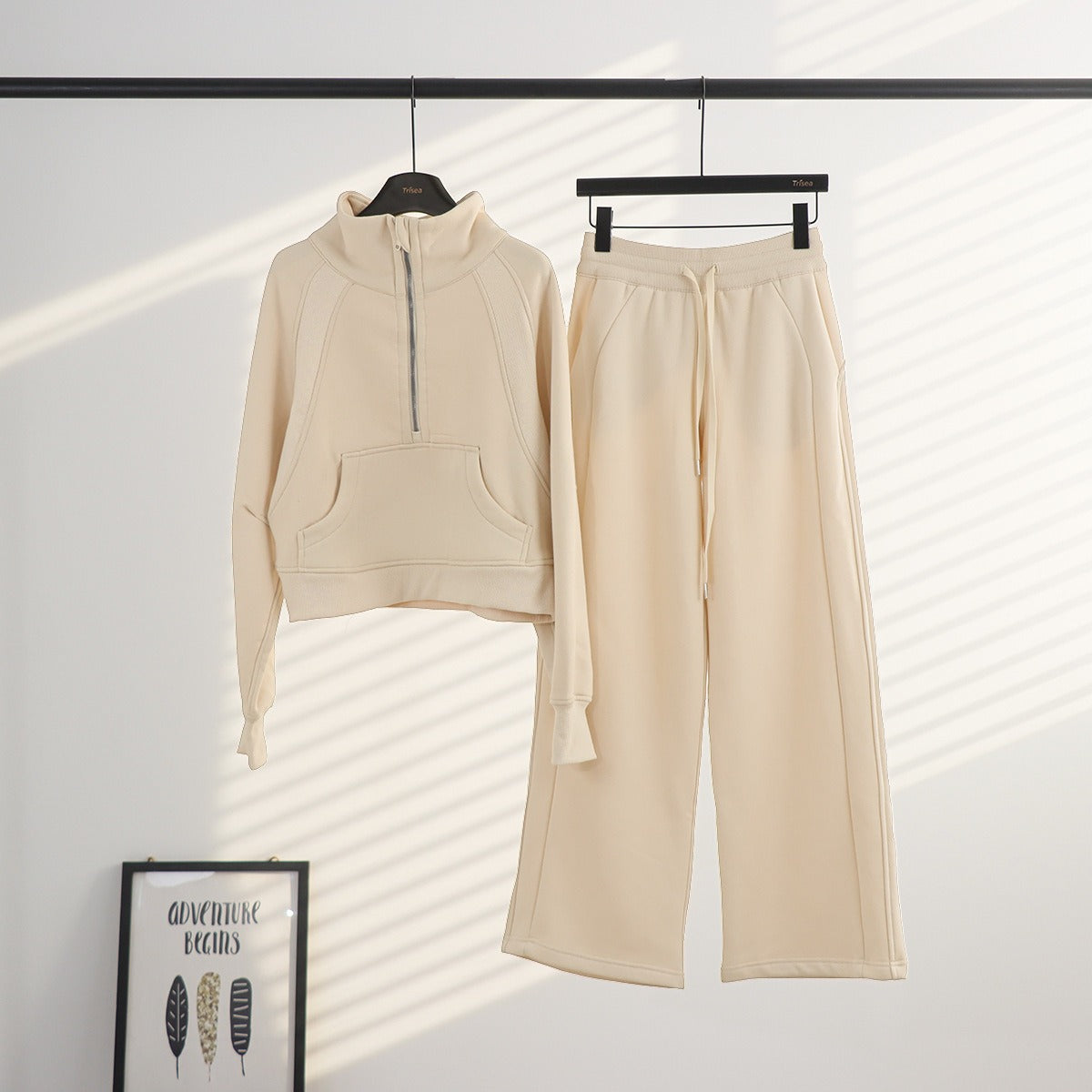 Women's Half-Zip Stand Collar Fleece Tracksuit Set – Oversized Scuba Hoodie & Wide Leg Yoga Pants for Workout & Lounge