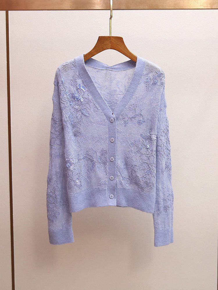 Light Blue Floral Embroidered Sheer Knit Cardigan | V-Neck Embellished Cropped Sweater