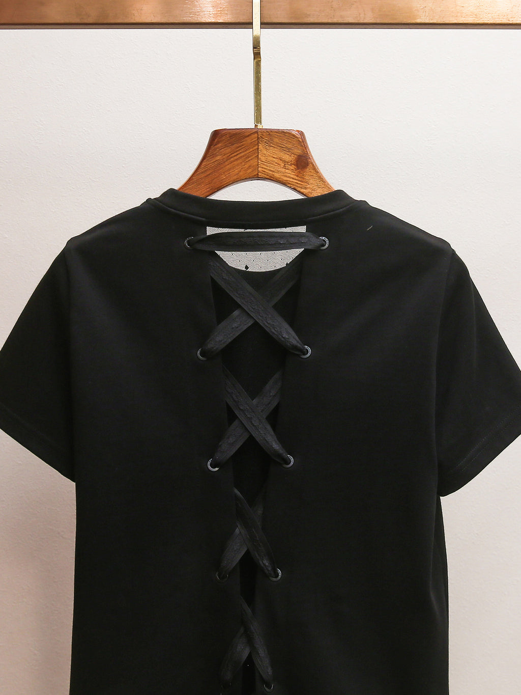 Back Lace-Up Rhinestone Bow T-Shirt | French Style Crew Neck Short Sleeve Top