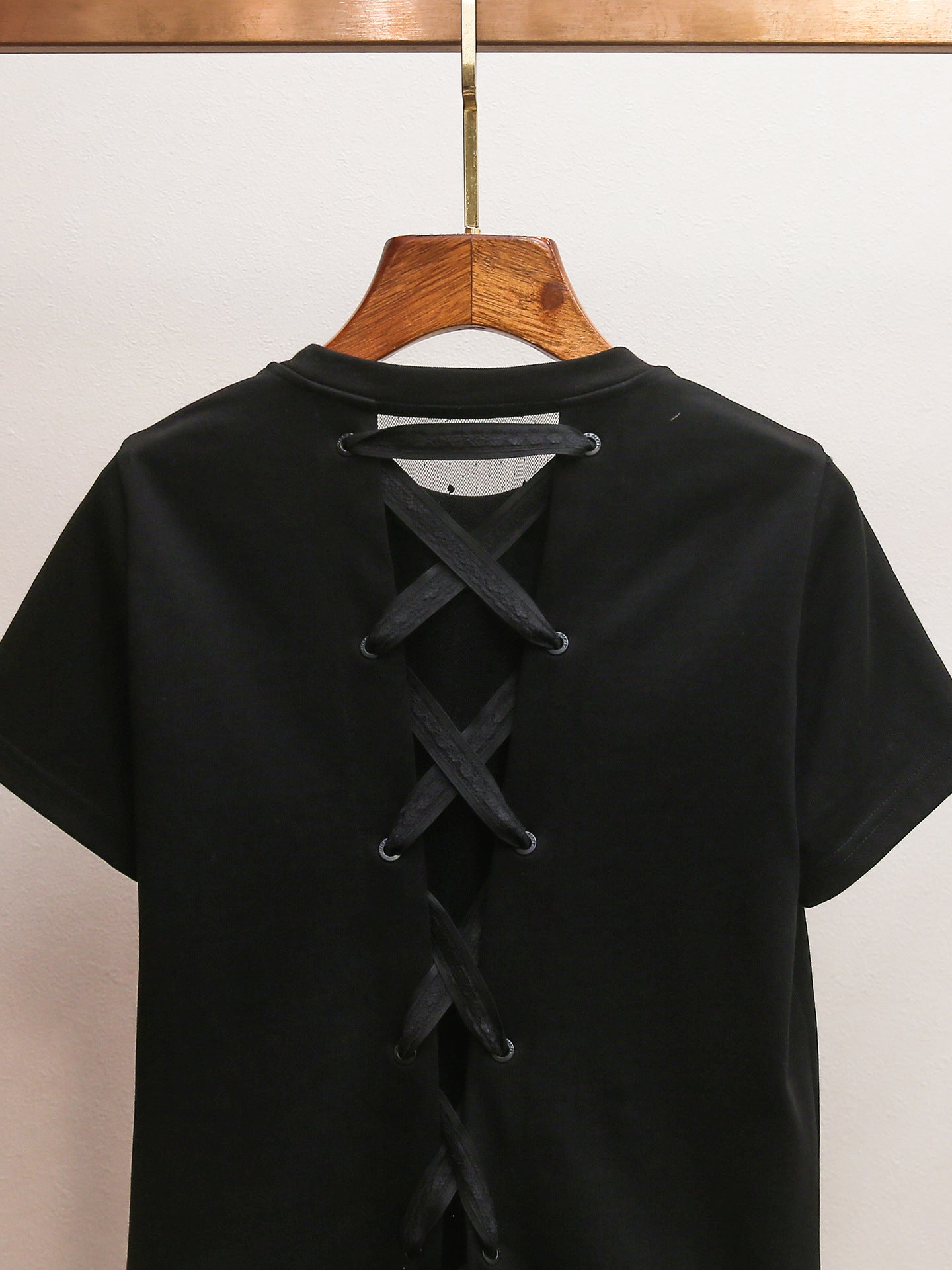 Back Lace-Up Rhinestone Bow T-Shirt | French Style Crew Neck Short Sleeve Top