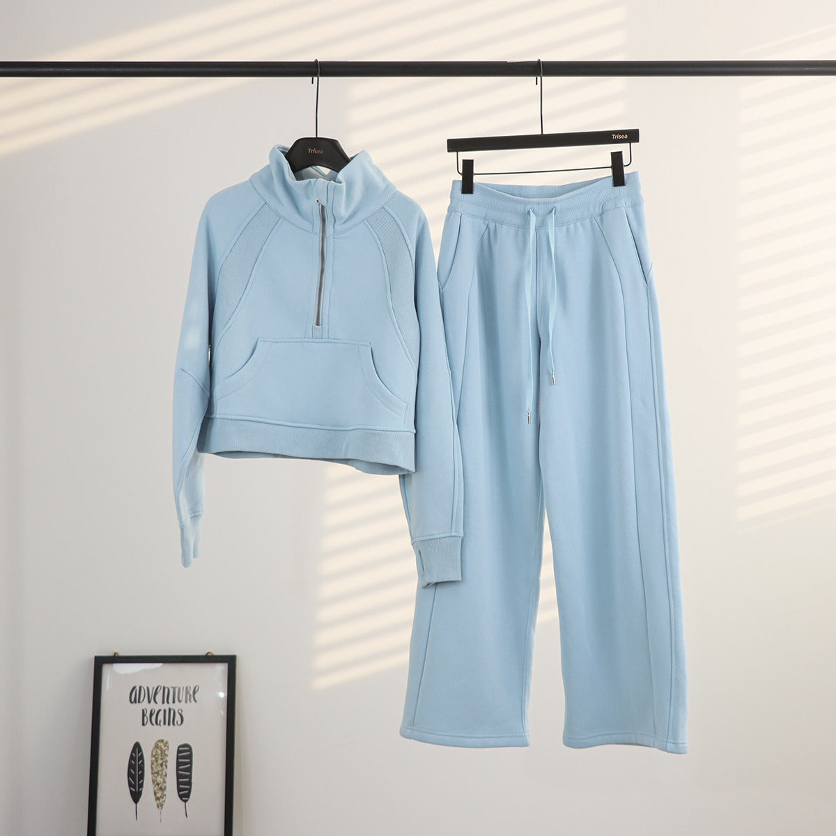 Women's Half-Zip Stand Collar Fleece Tracksuit Set – Oversized Scuba Hoodie & Wide Leg Yoga Pants for Workout & Lounge