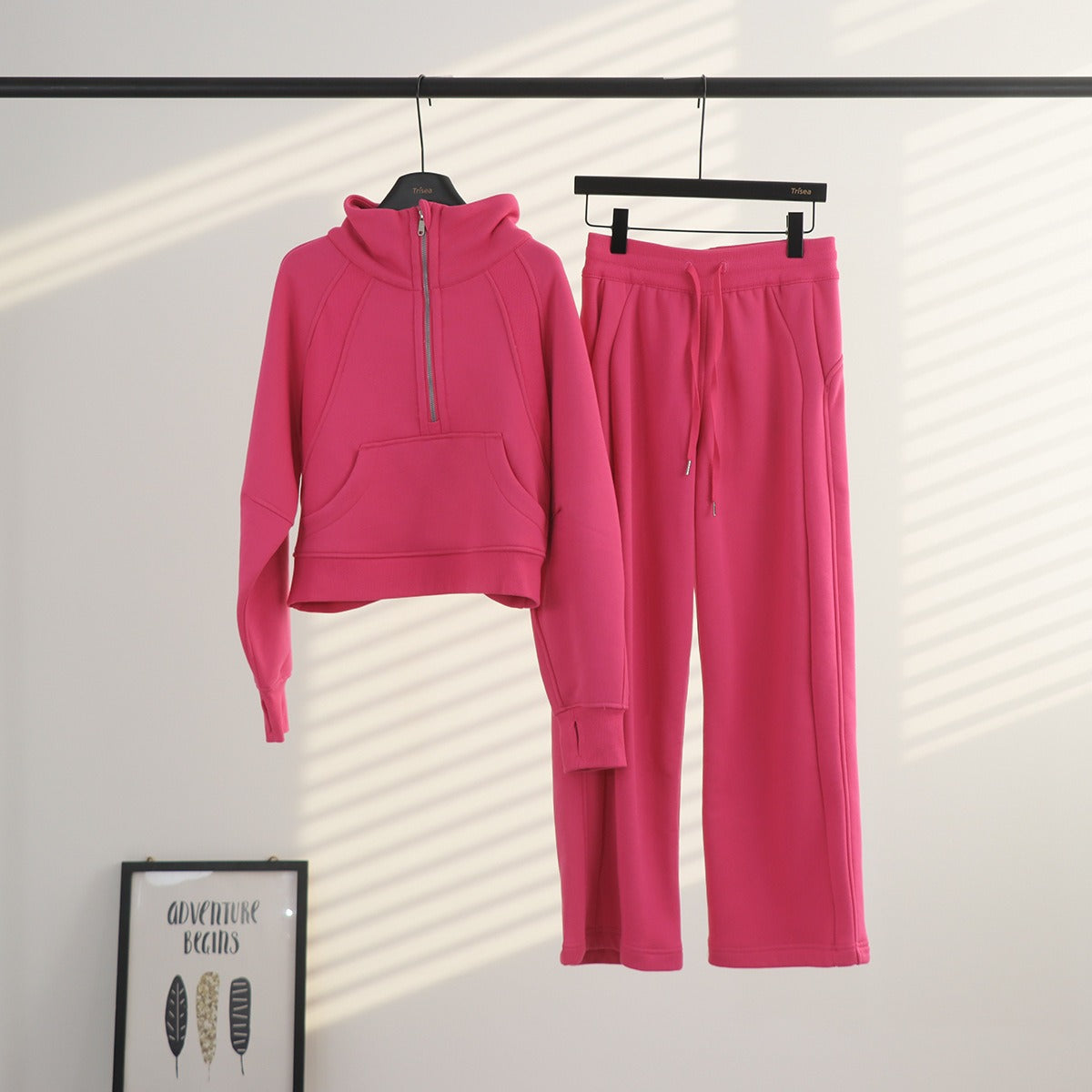 Women's Half-Zip Stand Collar Fleece Tracksuit Set – Oversized Scuba Hoodie & Wide Leg Yoga Pants for Workout & Lounge