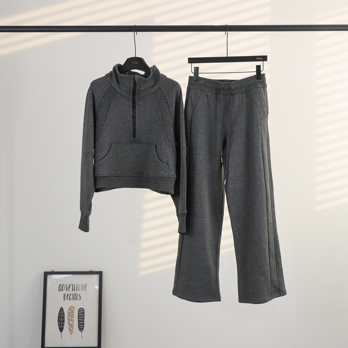 Women's Half-Zip Stand Collar Fleece Tracksuit Set – Oversized Scuba Hoodie & Wide Leg Yoga Pants for Workout & Lounge