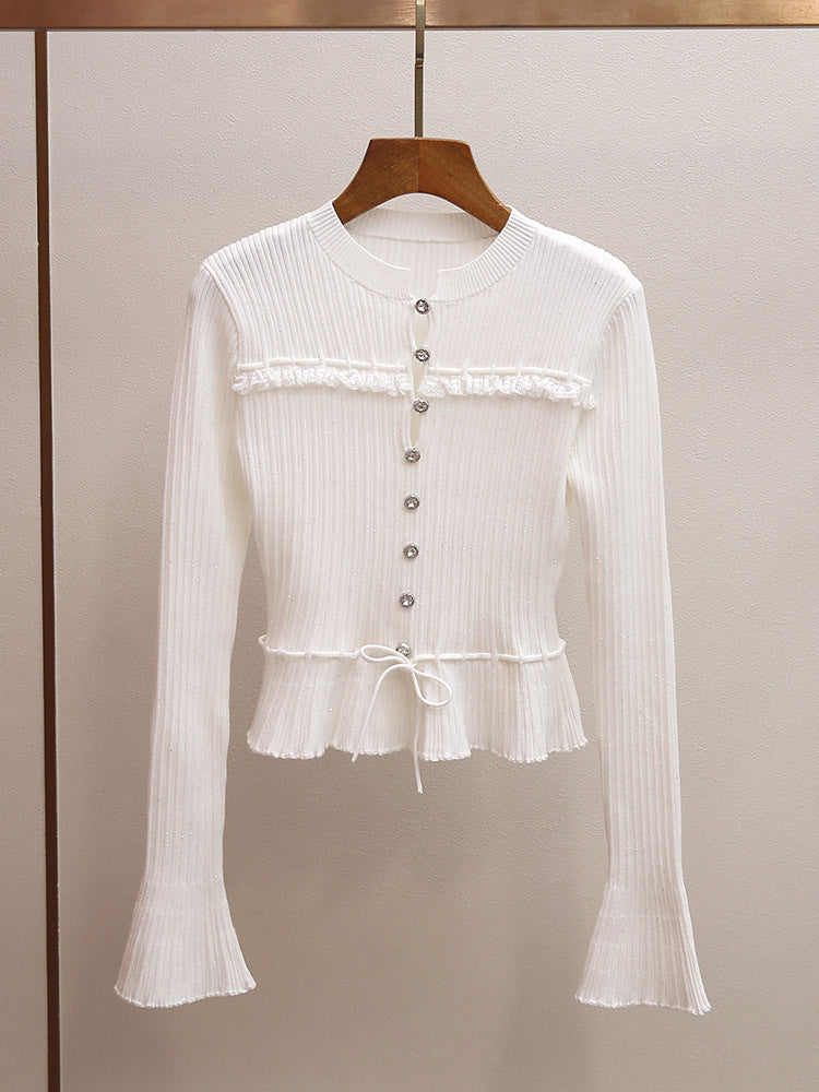 White Lace Trim Ribbed Knit Top | Flare Sleeve Tie Waist Sweater