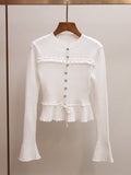 White Lace Trim Ribbed Knit Top | Flare Sleeve Tie Waist Sweater
