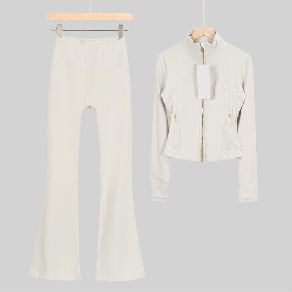 Women's Flared Cropped Stand Collar Yoga Tracksuit | Long Sleeve Zip-Up Jacket & Flare Leg Pants Set for Workout & Lounge
