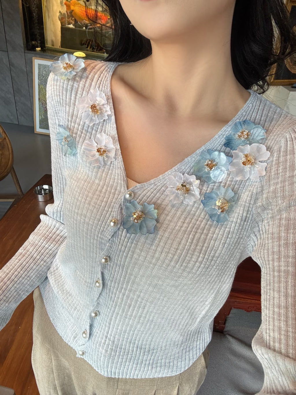 3D Floral Appliqué V-Neck Knit Cardigan | French Sweet Sheer Ribbed Top