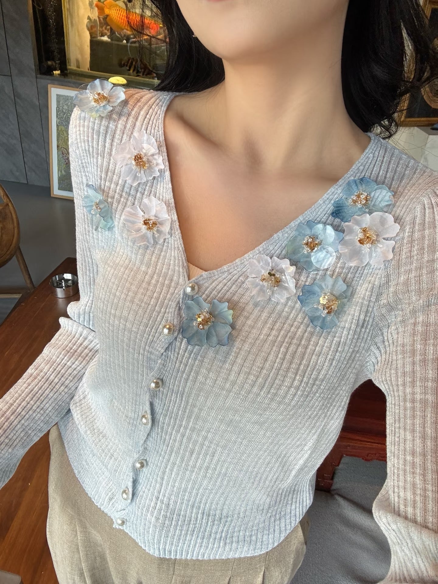 3D Floral Appliqué V-Neck Knit Cardigan | French Sweet Sheer Ribbed Top