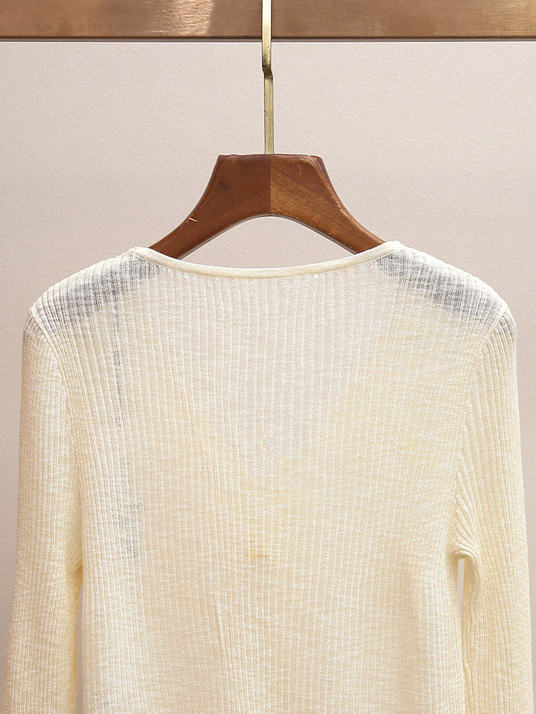 3D Floral Appliqué V-Neck Knit Cardigan | French Sweet Sheer Ribbed Top