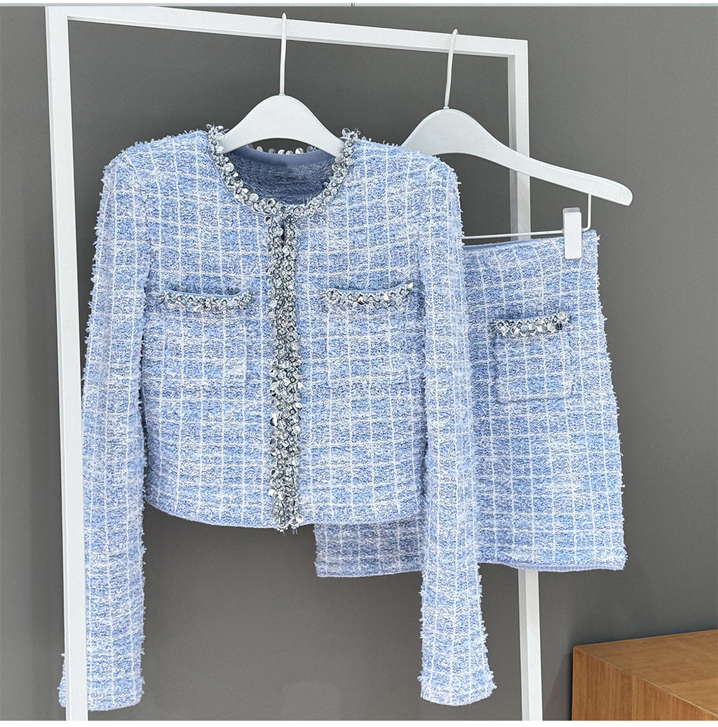 Blue Plaid Tweed 2 Piece Set with Rhinestones | Crop Blazer & Mini Skirt Suit