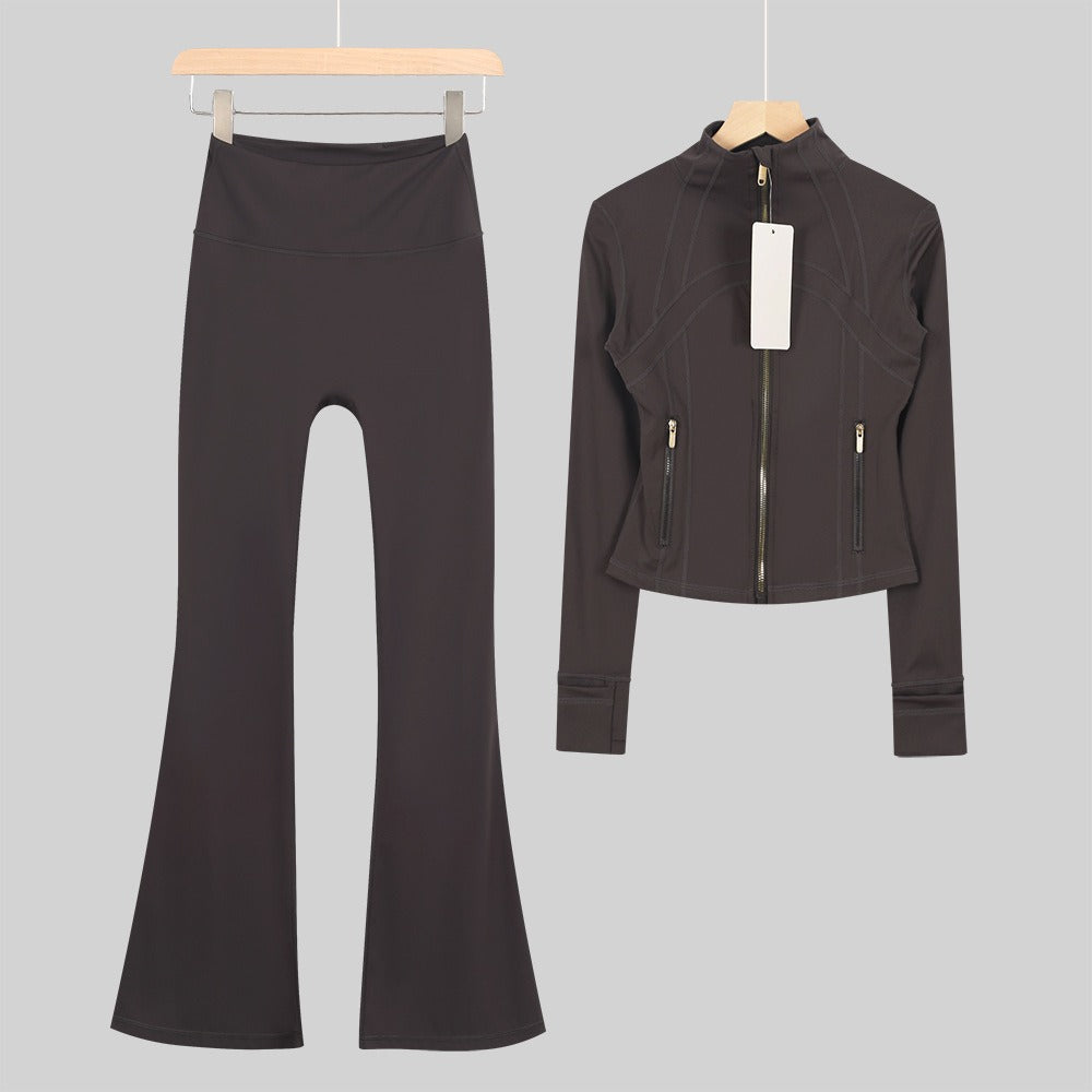 Women's Flared Cropped Stand Collar Yoga Tracksuit | Long Sleeve Zip-Up Jacket & Flare Leg Pants Set for Workout & Lounge