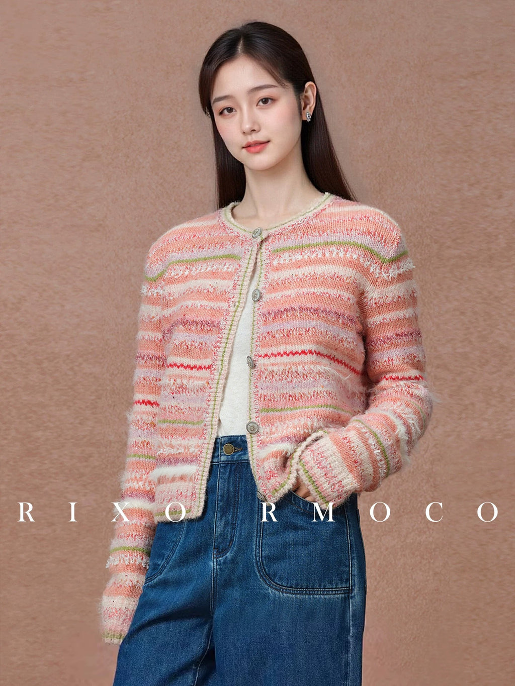 Women's Pastel Striped Knit Cardigan | Fluffy Fur Trim Cropped Knit Sweaters