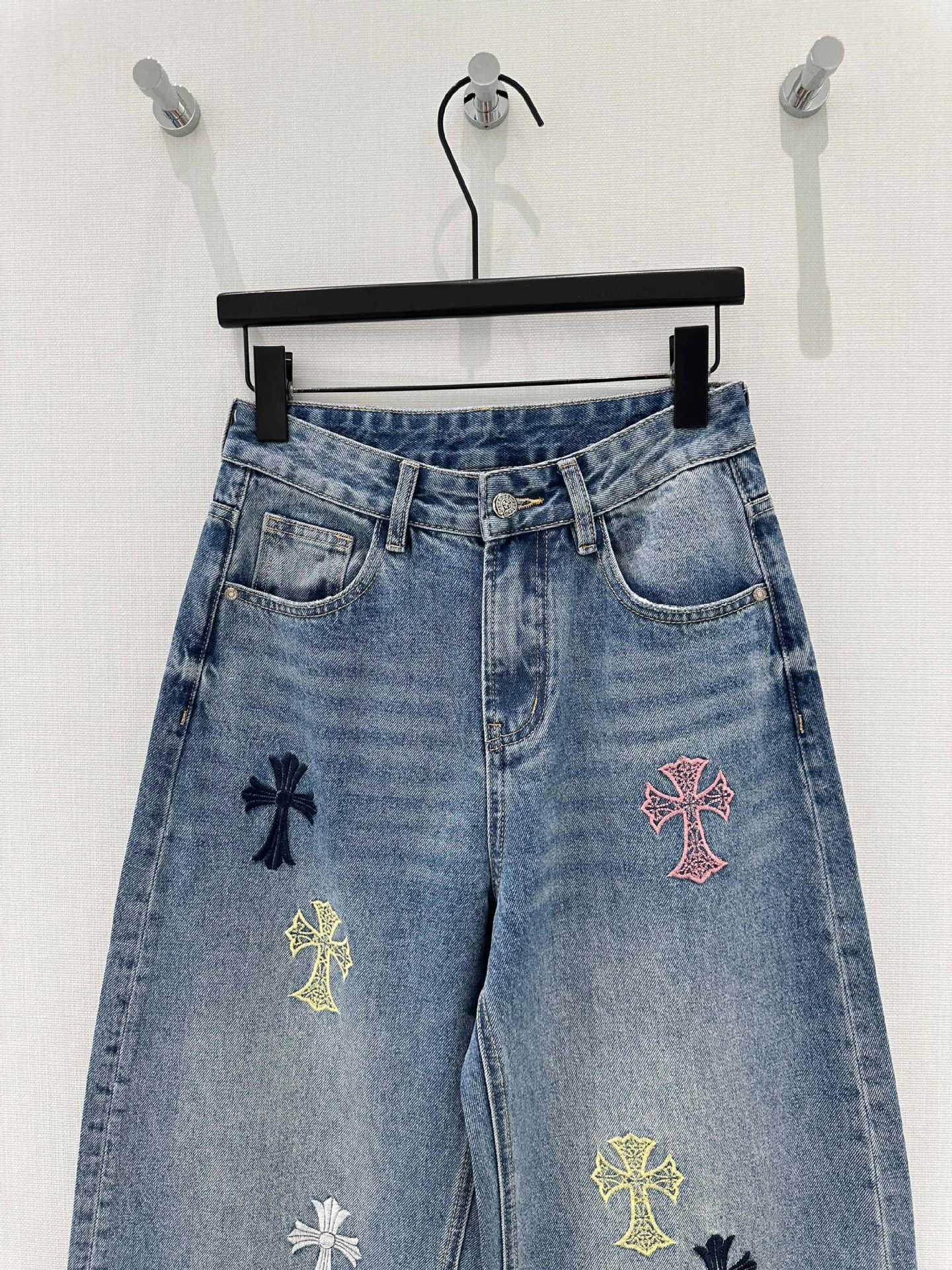 Vintage Cross Embroidery Wide Leg Jeans for Women | High Waist Loose Straight Pants