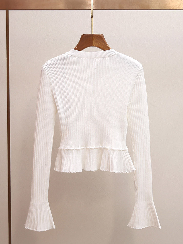 White Lace Trim Ribbed Knit Top | Flare Sleeve Tie Waist Sweater