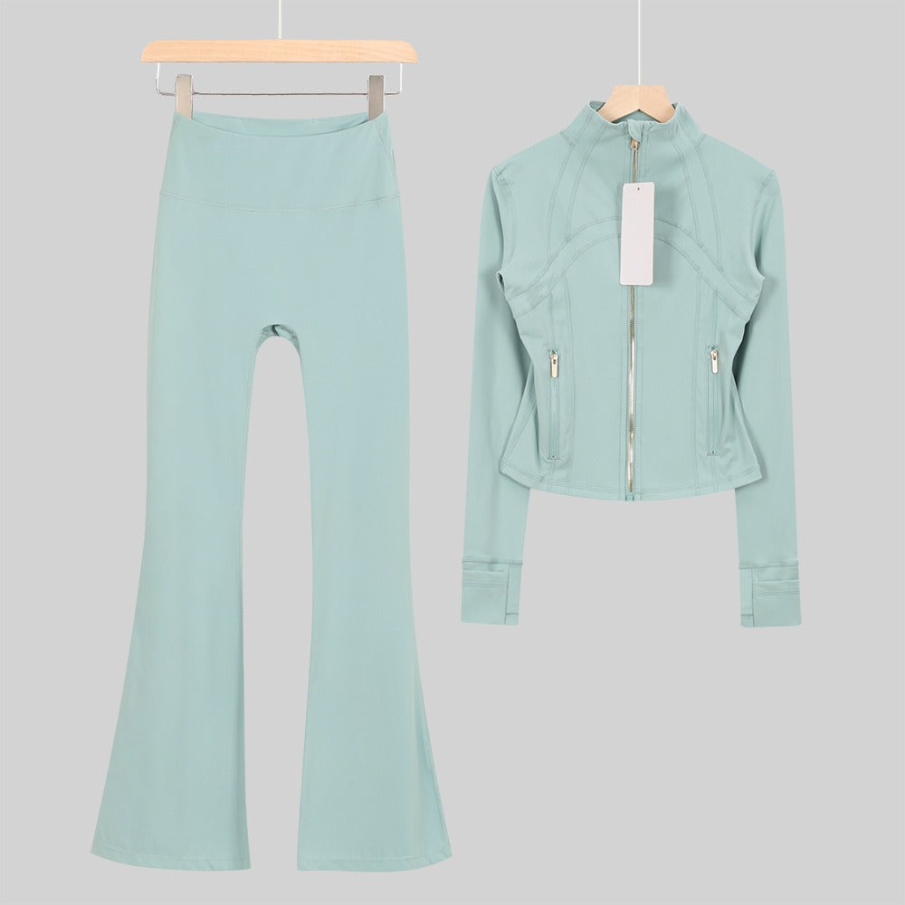 Women's Flared Cropped Stand Collar Yoga Tracksuit | Long Sleeve Zip-Up Jacket & Flare Leg Pants Set for Workout & Lounge