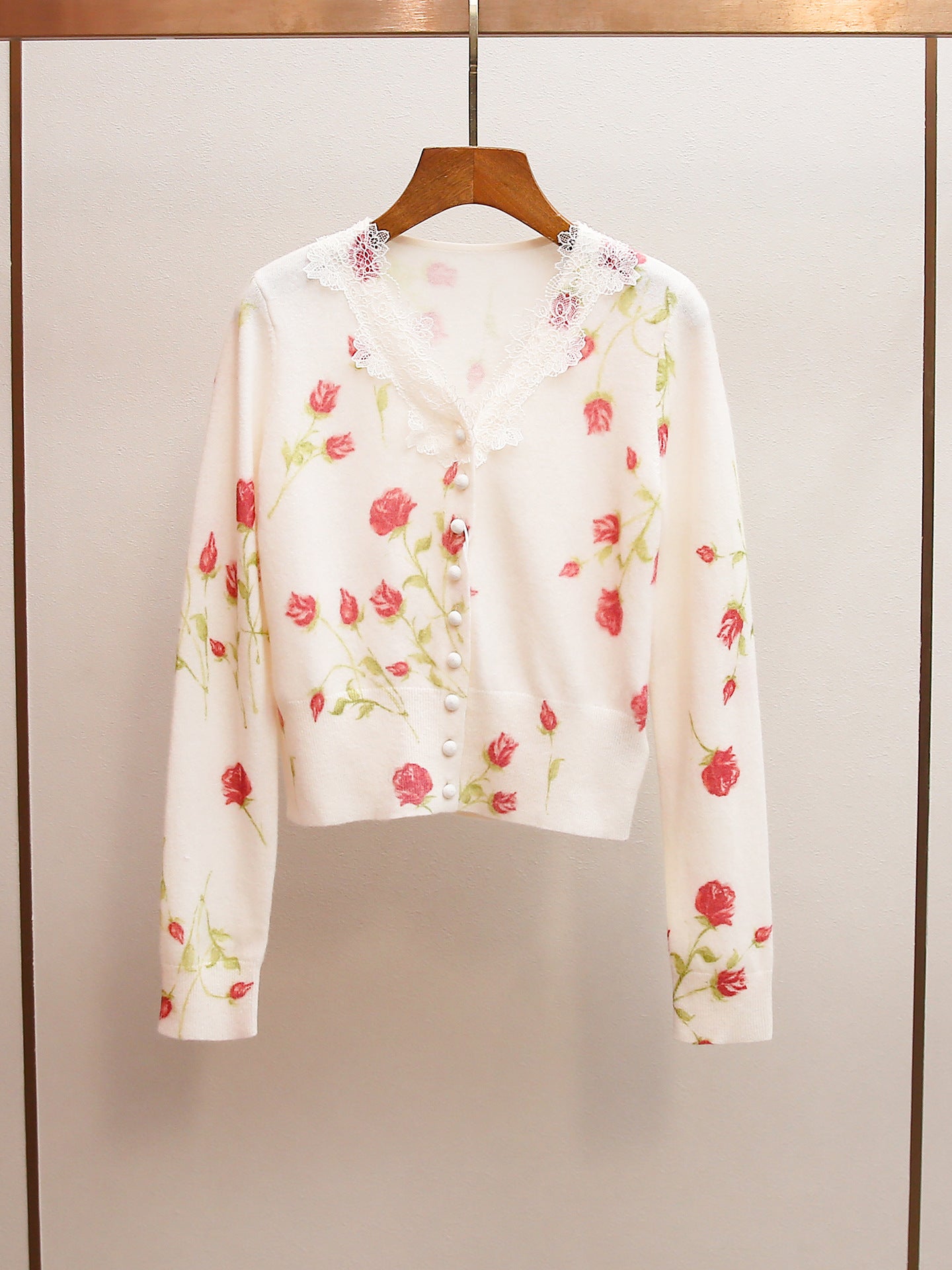 Rose Print Lace Trim V-Neck Cropped Cardigan | Spring Gentle Knit Top