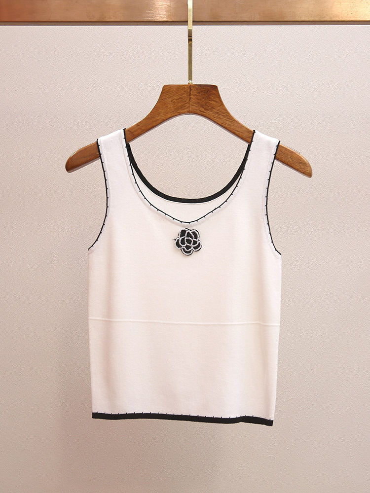 Camellia Embellished Knit Two-Piece Set | French Style Contrast Stitch Tank & Cardigan