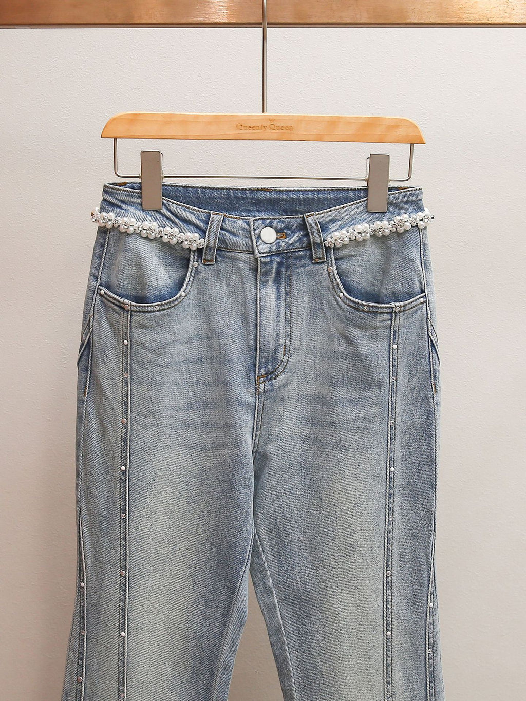 High Waist Beaded Flare Jeans | French Minimalist Rhinestone Denim Pants