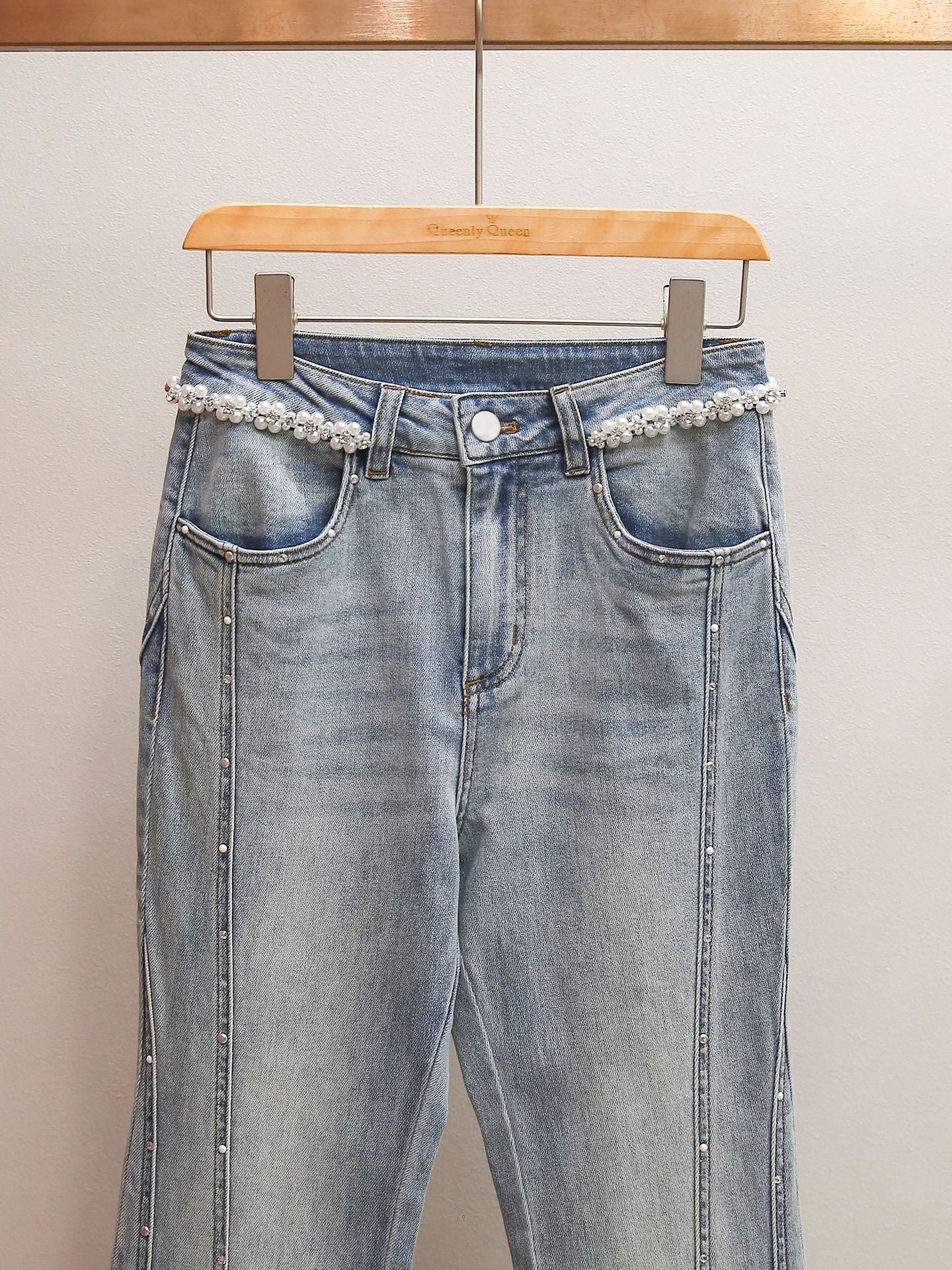 High Waist Beaded Flare Jeans | French Minimalist Rhinestone Denim Pants