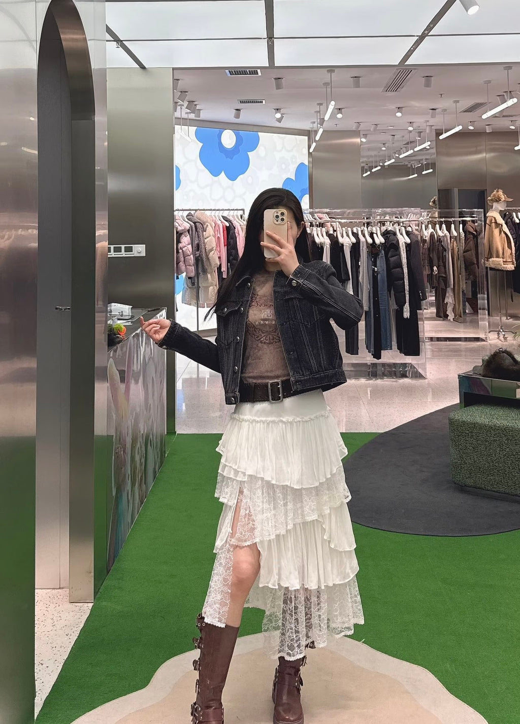 New Spring Elegant Lace Patchwork Irregular Slimming Long Cake Midi Skirt for Women