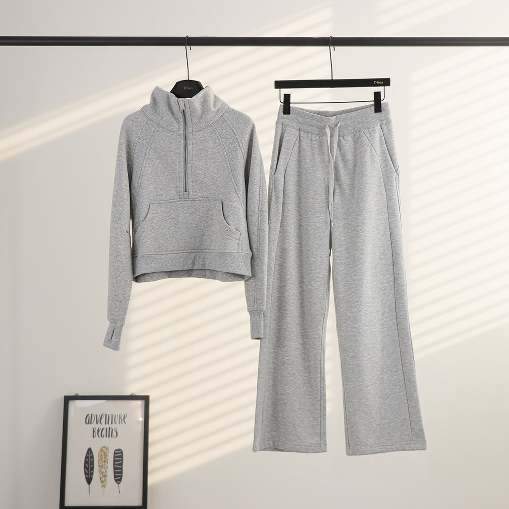 Women's Half-Zip Stand Collar Fleece Tracksuit Set – Oversized Scuba Hoodie & Wide Leg Yoga Pants for Workout & Lounge