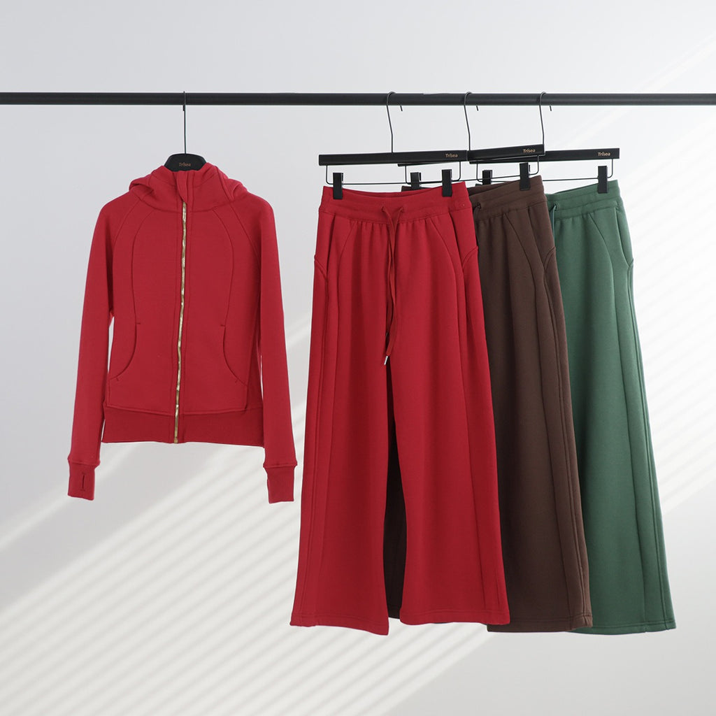 Women's Full-Zip Hooded Tracksuit Set – Oversized Stand Collar Jacket & High-Waist Wide Leg Pants for Yoga, Running & Fitness