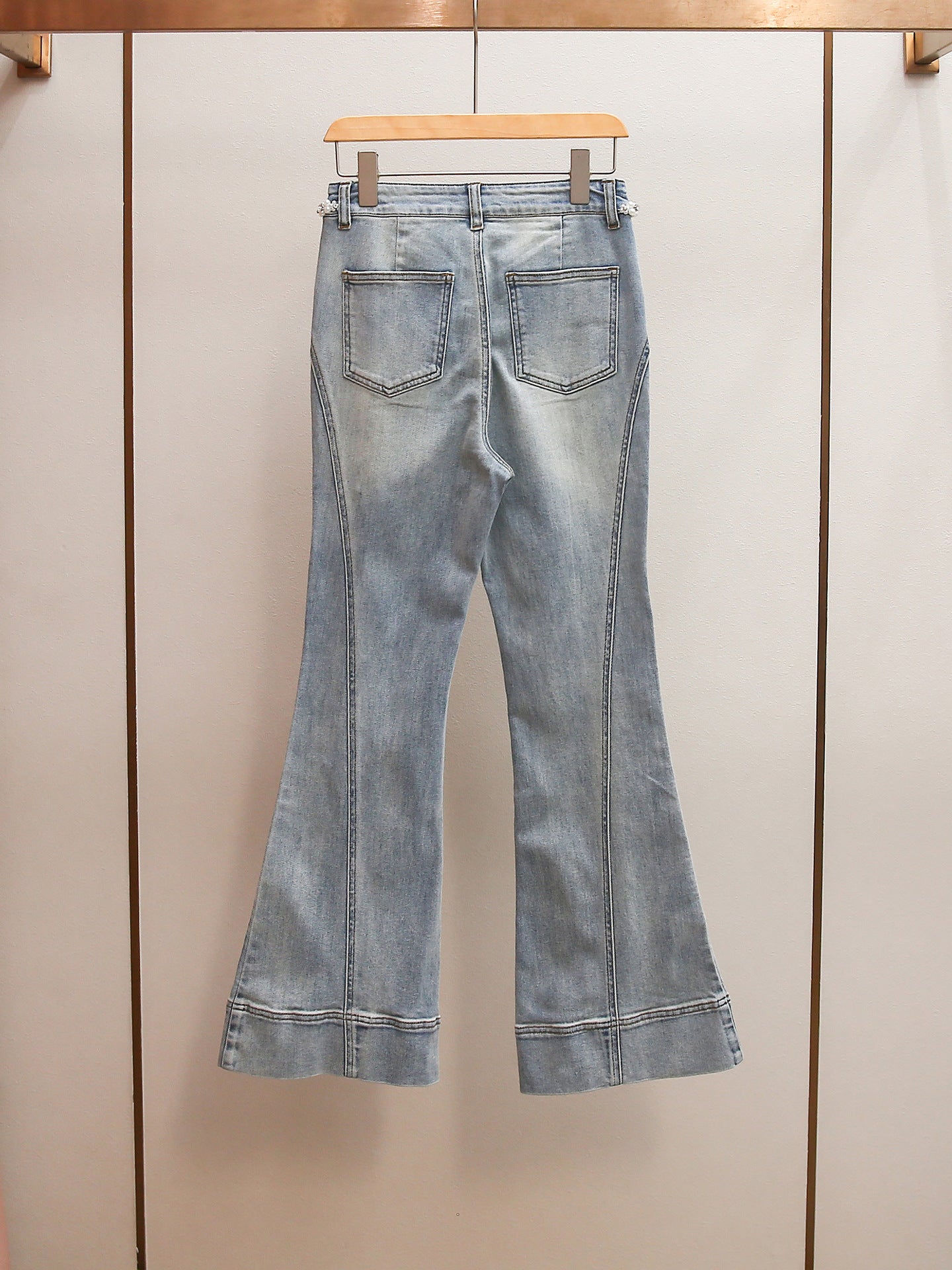 High Waist Beaded Flare Jeans | French Minimalist Rhinestone Denim Pants