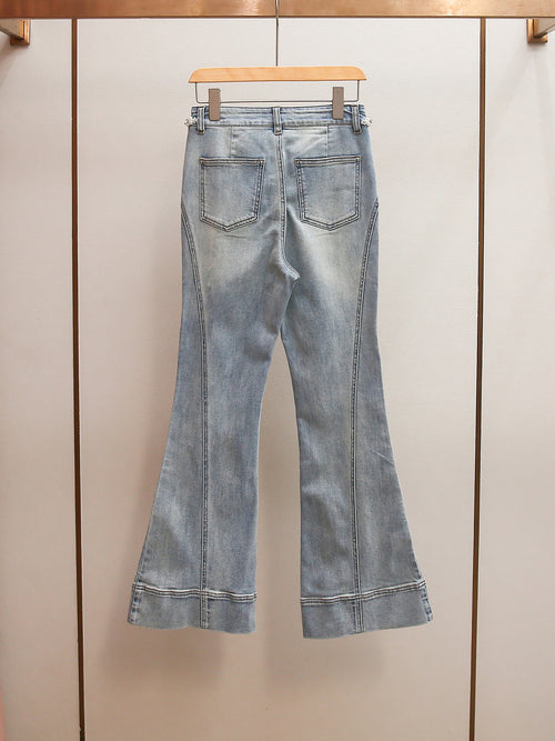 High Waist Beaded Flare Jeans | French Minimalist Rhinestone Denim Pants
