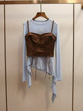 Women's Boho Asymmetrical T-Shirt & Lace-Up Camisole Two-Piece Set for Spring & Summer