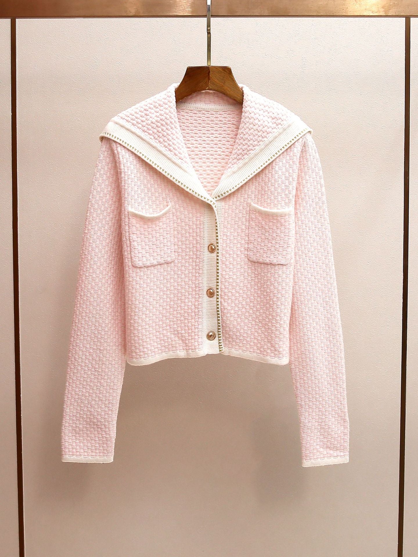 Women's Spring Sailor Collar Knit Cardigan, Color Block Textured French Chic Cropped Sweater Top