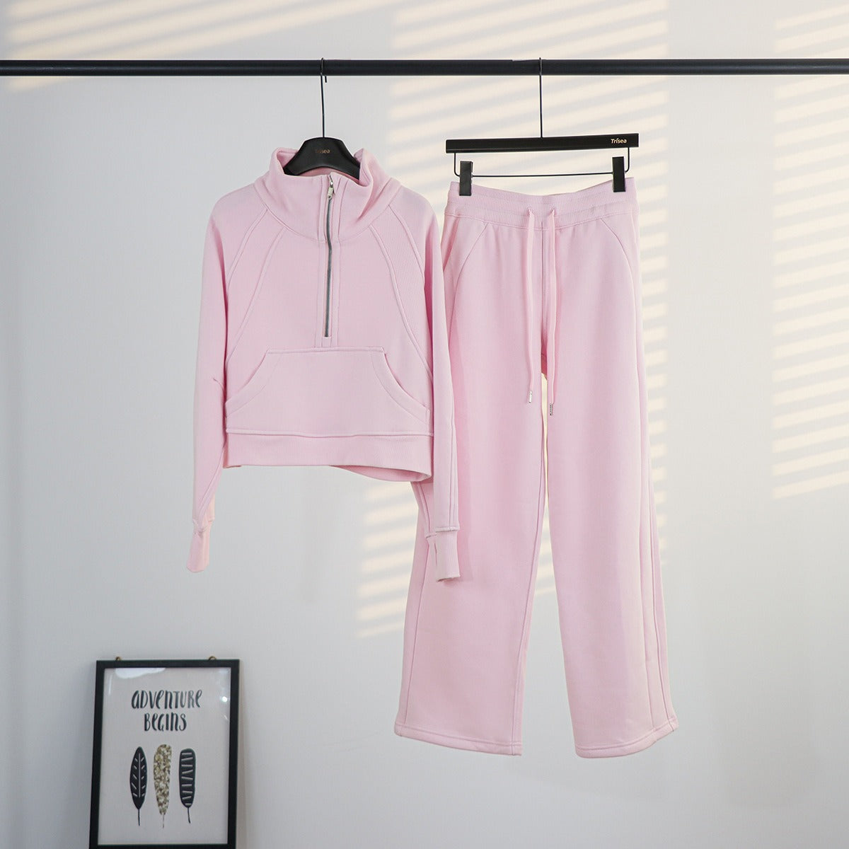 Women's Half-Zip Stand Collar Fleece Tracksuit Set – Oversized Scuba Hoodie & Wide Leg Yoga Pants for Workout & Lounge