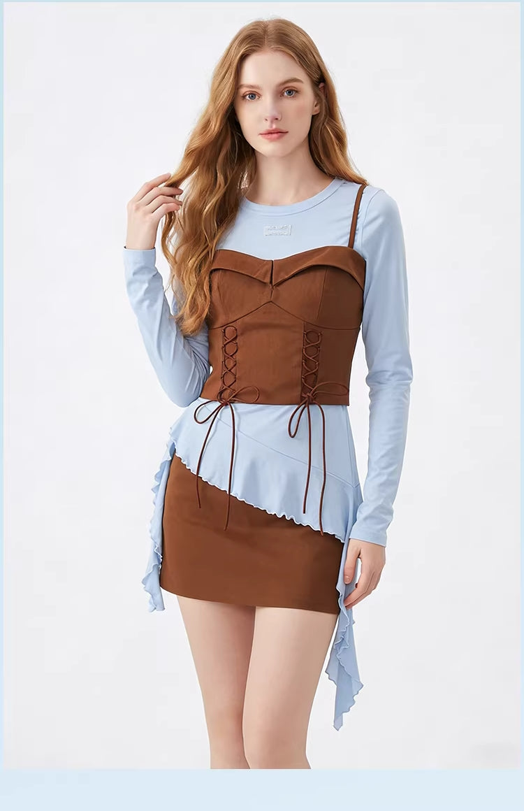 Women's Boho Asymmetrical T-Shirt & Lace-Up Camisole Two-Piece Set for Spring & Summer