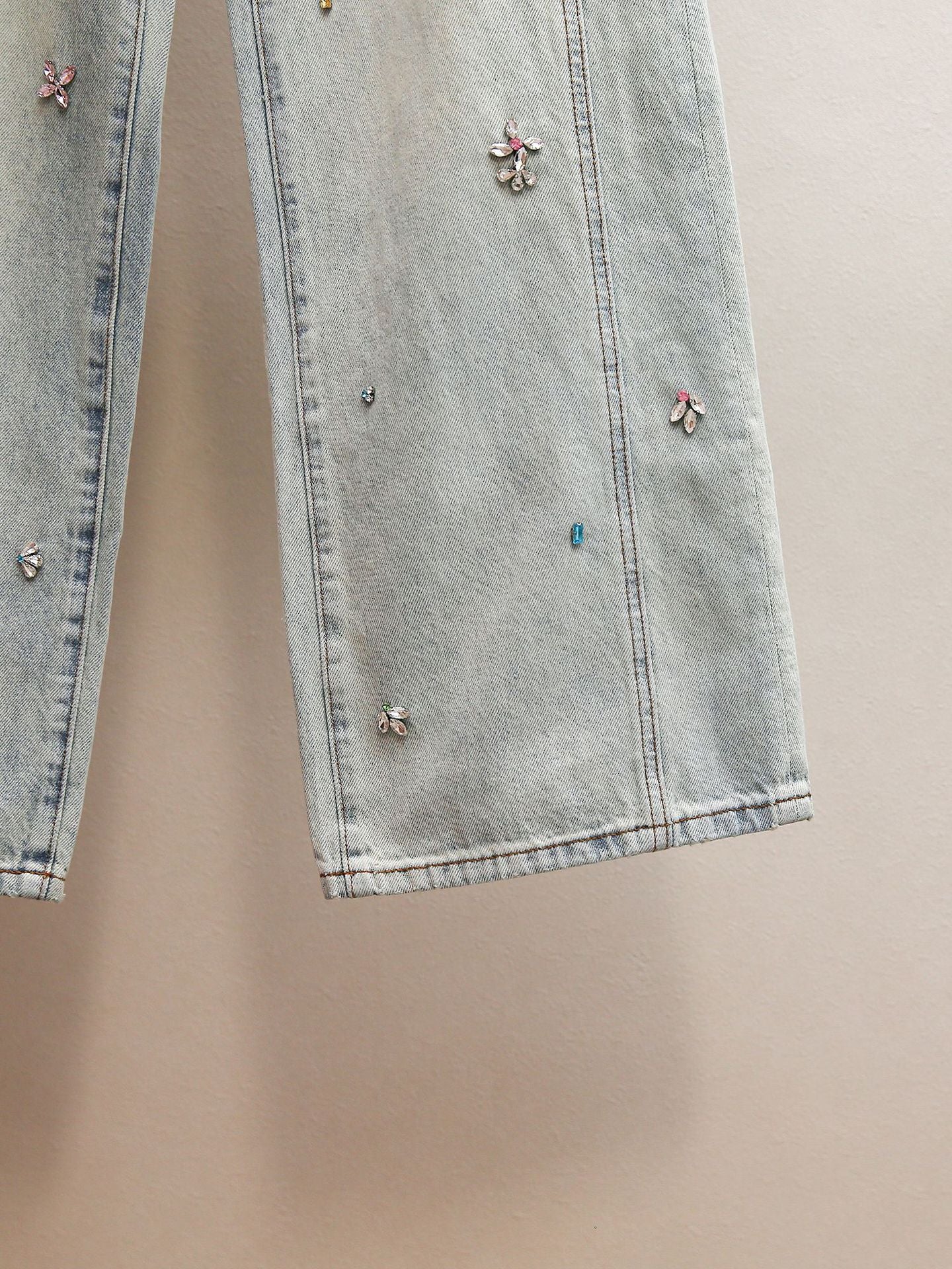 Rhinestone Embellished High-Waisted Wide Leg Jeans | Spring Light Wash Denim Pants