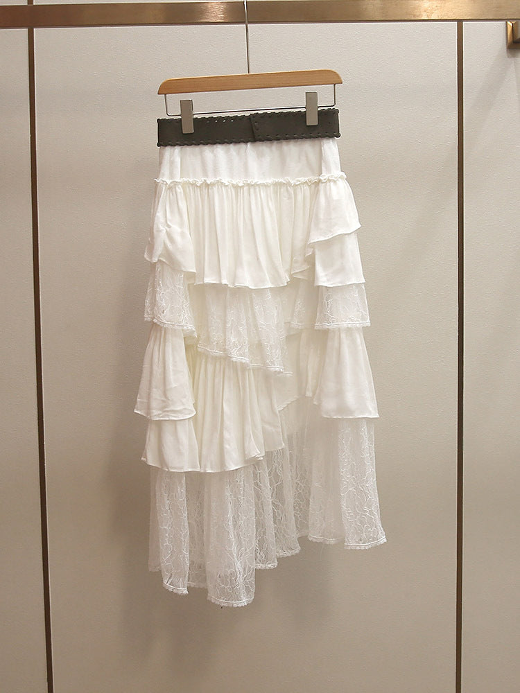 New Spring Elegant Lace Patchwork Irregular Slimming Long Cake Midi Skirt for Women