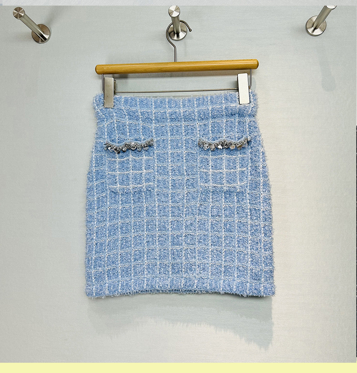 Blue Plaid Tweed 2 Piece Set with Rhinestones | Crop Blazer & Mini Skirt Suit