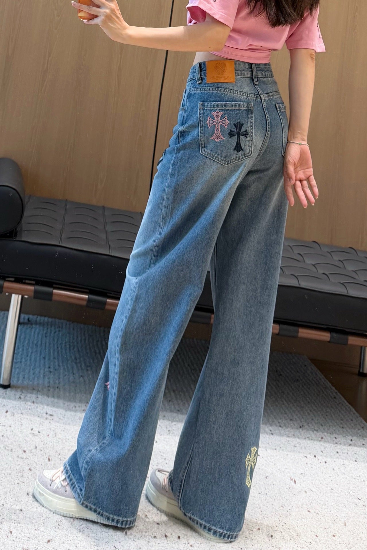 Vintage Cross Embroidery Wide Leg Jeans for Women | High Waist Loose Straight Pants