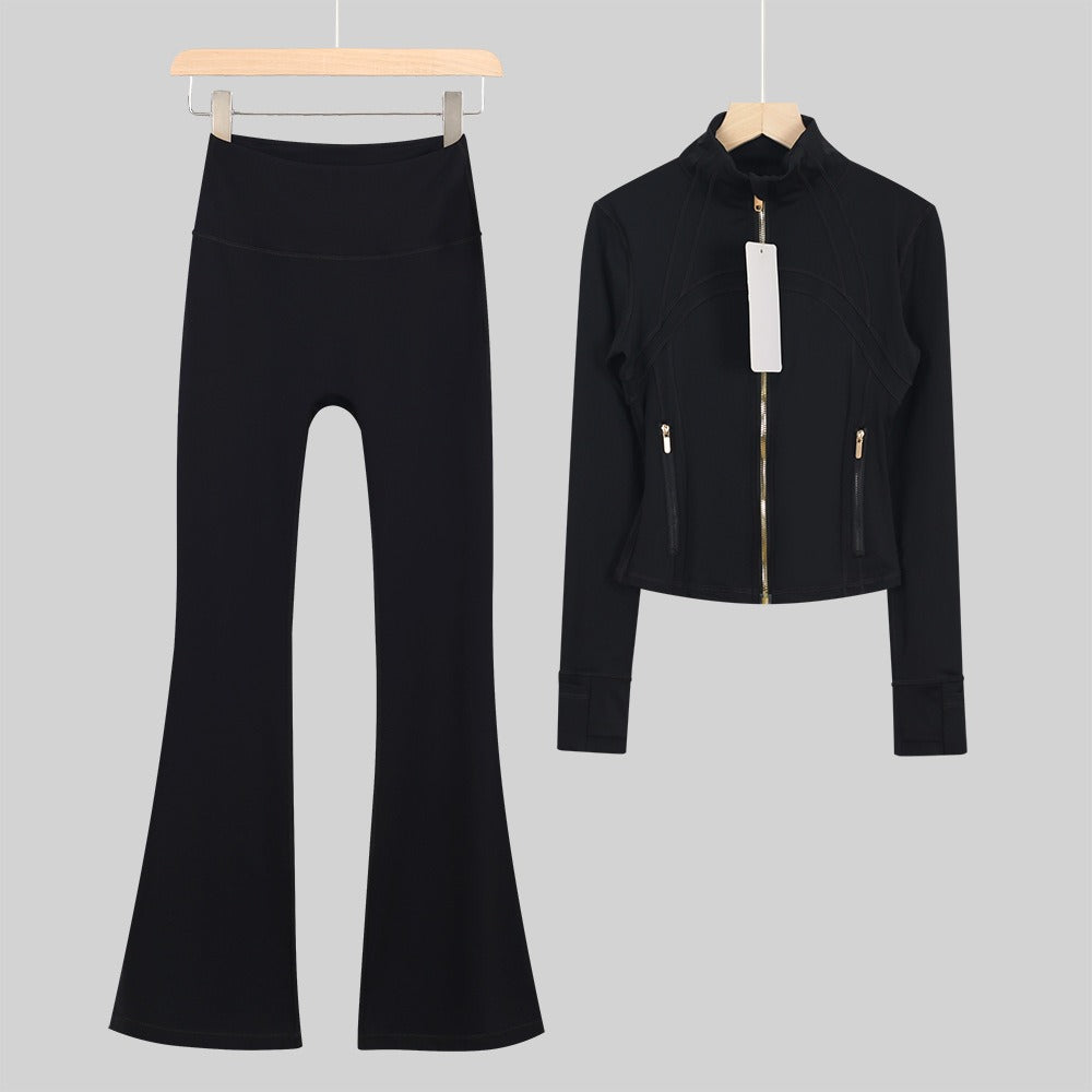 Women's Flared Cropped Stand Collar Yoga Tracksuit | Long Sleeve Zip-Up Jacket & Flare Leg Pants Set for Workout & Lounge