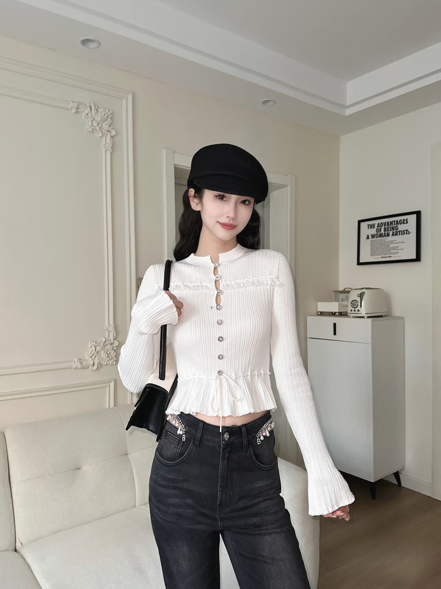 White Lace Trim Ribbed Knit Top | Flare Sleeve Tie Waist Sweater