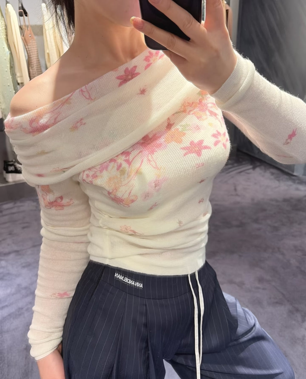 New Spring Elegant Lady Style Floral Ruched Waist Off-Shoulder Knit Top for Women