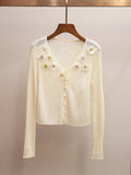 3D Floral Appliqué V-Neck Knit Cardigan | French Sweet Sheer Ribbed Top