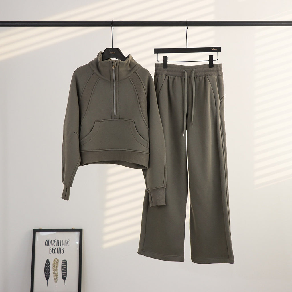 Women's Half-Zip Stand Collar Fleece Tracksuit Set – Oversized Scuba Hoodie & Wide Leg Yoga Pants for Workout & Lounge