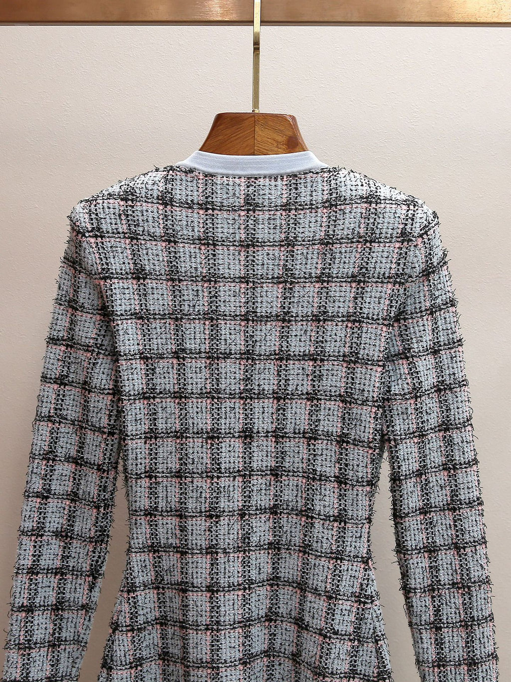 Women's Spring New Celebrity Style Plaid Rhinestone Round Neck Long Sleeve Ruffle Hem Mini Dress