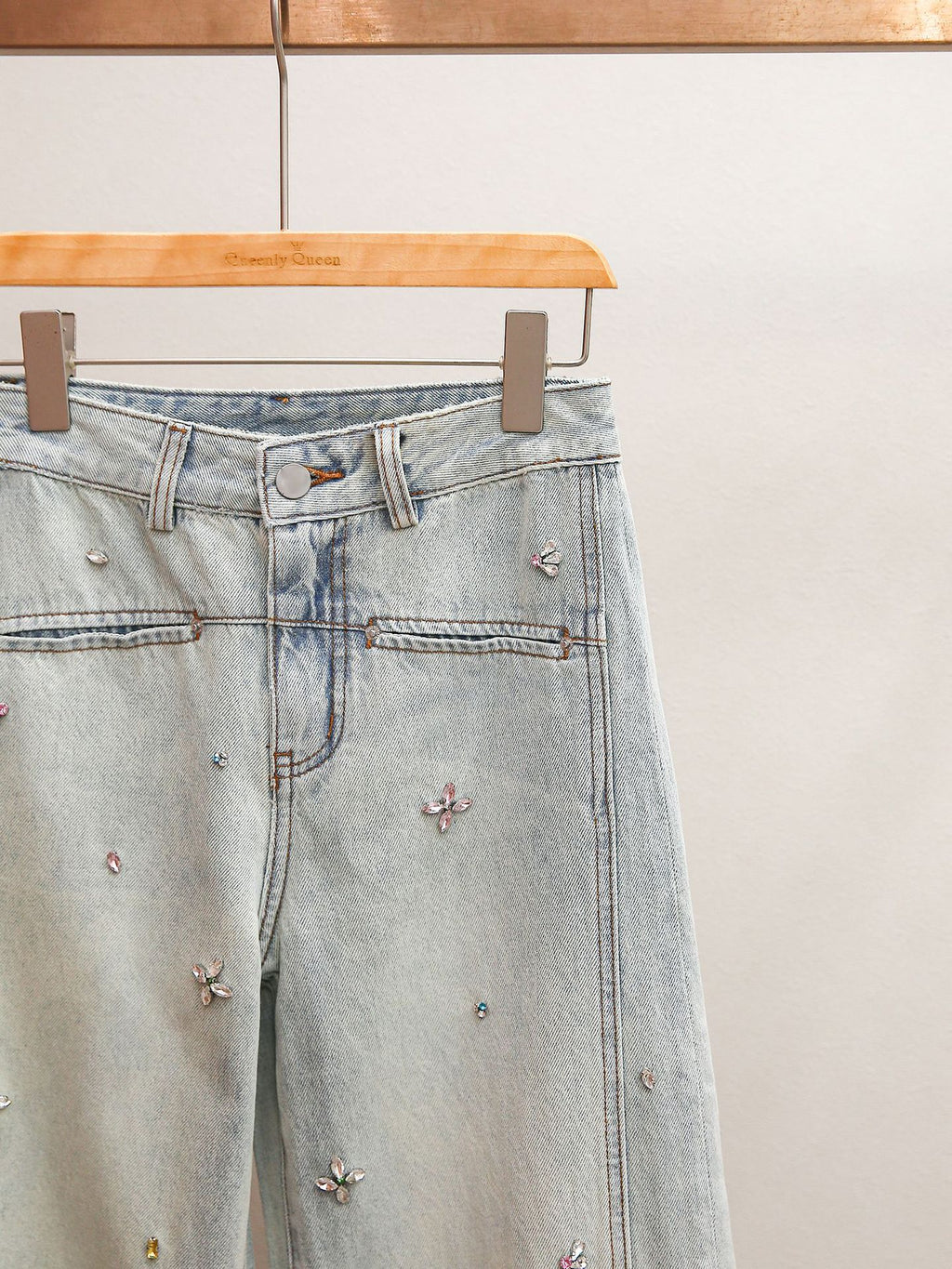 Rhinestone Embellished High-Waisted Wide Leg Jeans | Spring Light Wash Denim Pants