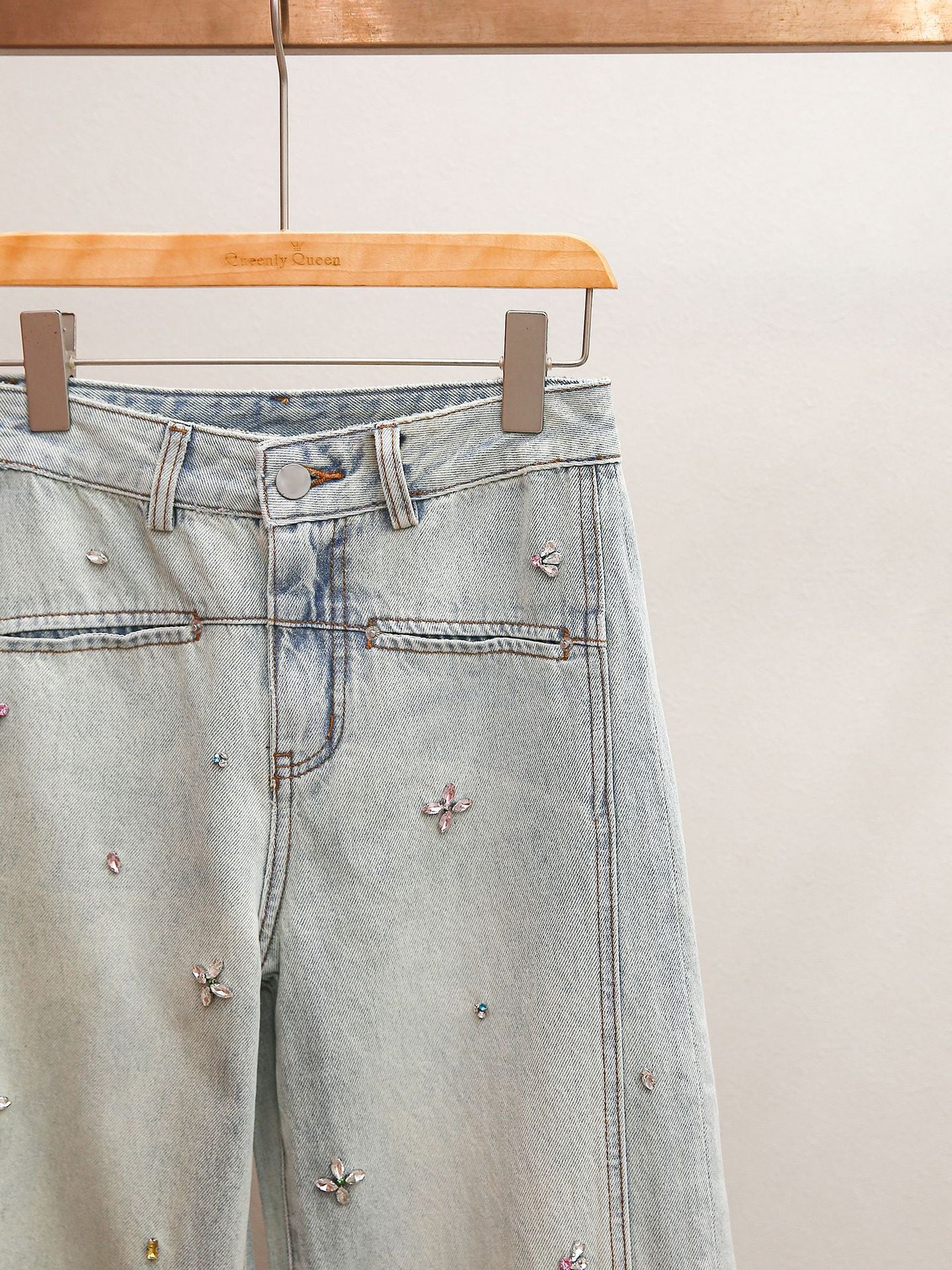 Rhinestone Embellished High-Waisted Wide Leg Jeans | Spring Light Wash Denim Pants