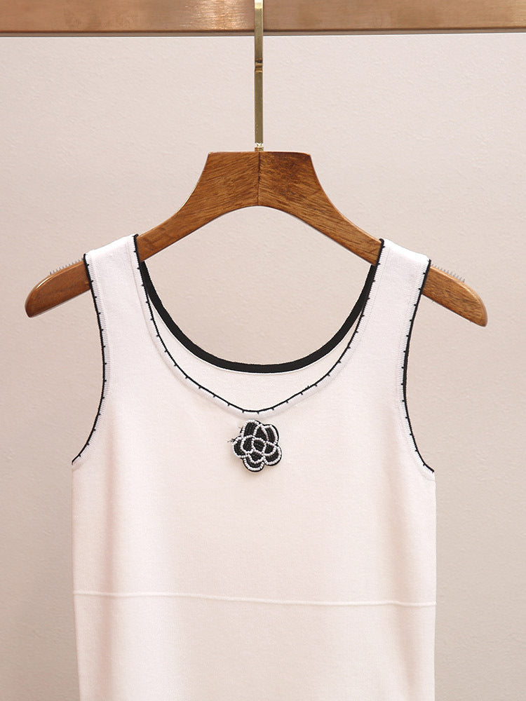Camellia Embellished Knit Two-Piece Set | French Style Contrast Stitch Tank & Cardigan